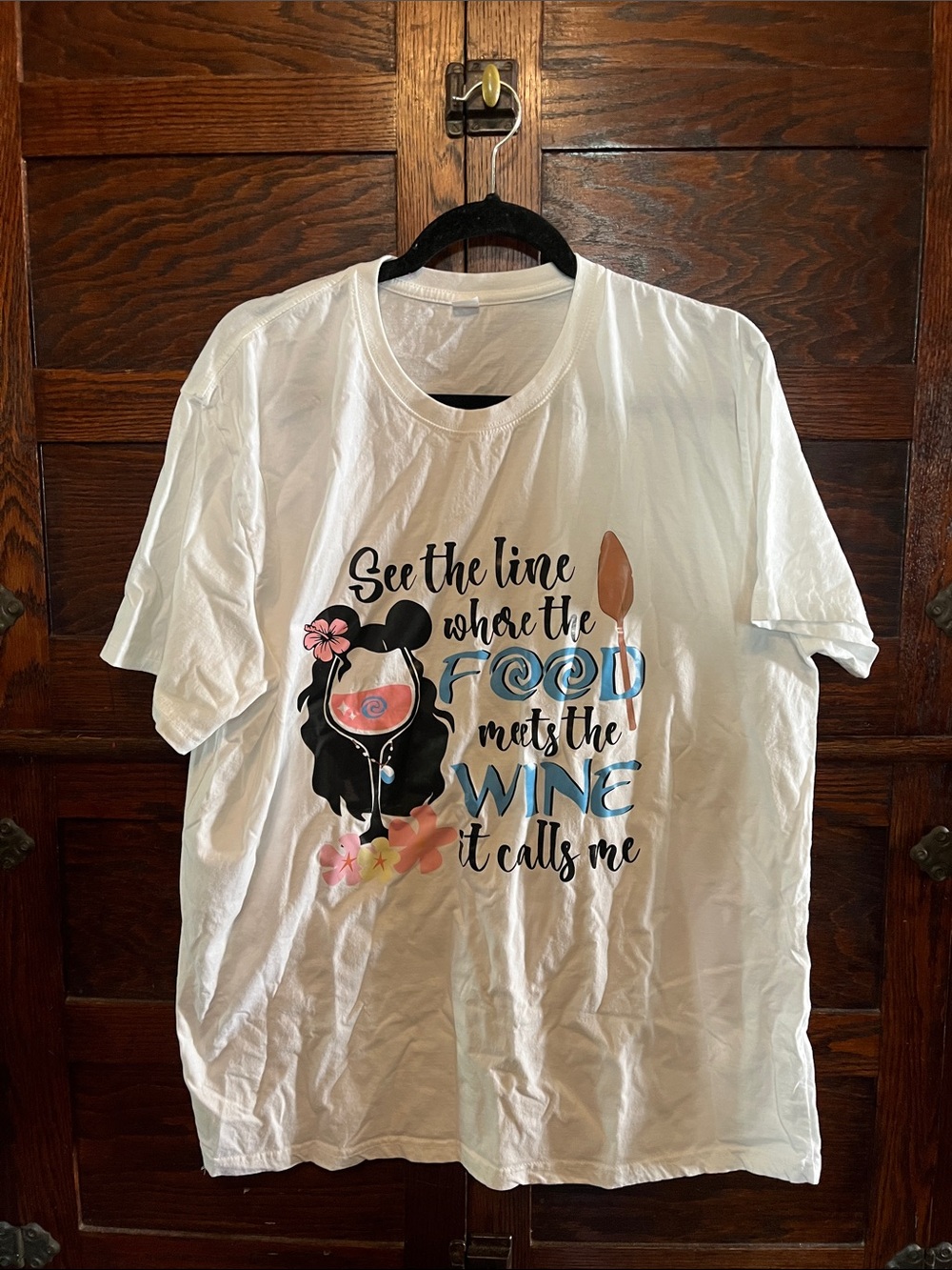 Gildan White Graphic Tee with Black, Blue, Pink, Brown Accents